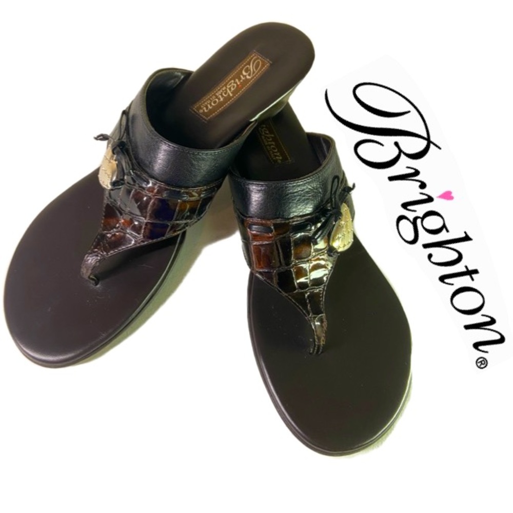BRIGHTON LEV Brown/Black ThongSandal LeatherCrocEmbossed W/Bow~Heart Sz 7N